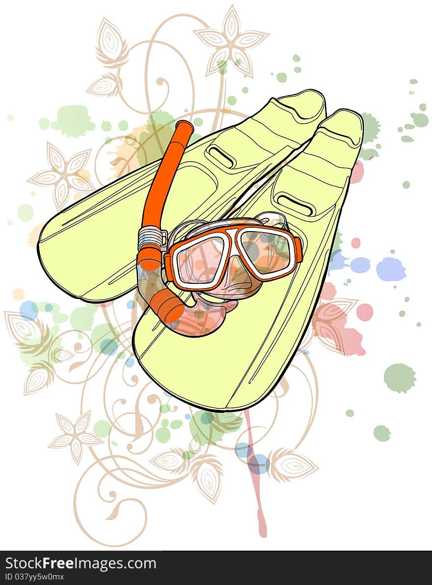 Set of diving - flippers and a mask with a tube & floral calligraphy ornament - a stylized orchid, color paint background