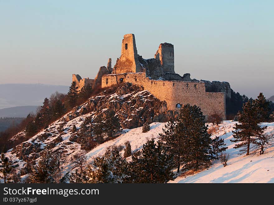 The ruins of castle Cachtice in winter