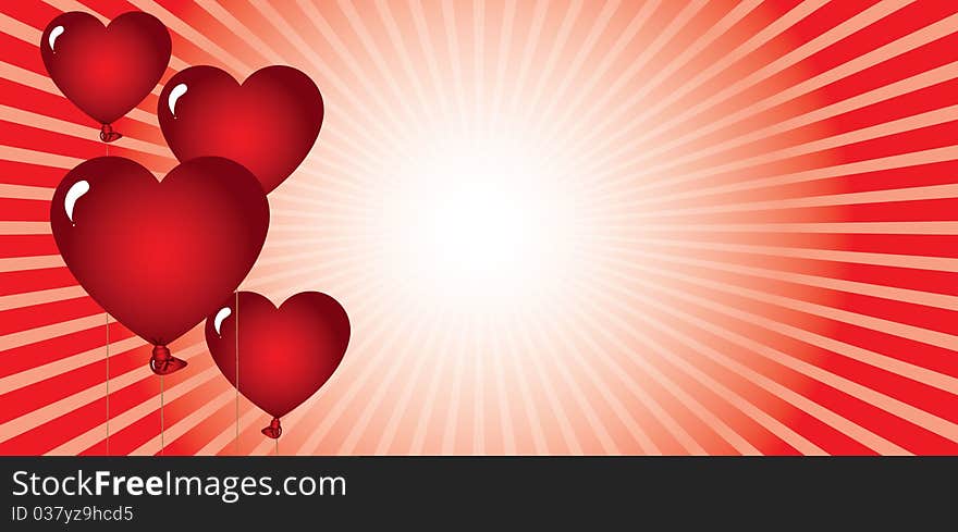 A love card with heart-shaped balloons against a backdrop in rising sun style that communicates love, passion and energy and can be used for greeting and love for Valentine's Day. A love card with heart-shaped balloons against a backdrop in rising sun style that communicates love, passion and energy and can be used for greeting and love for Valentine's Day