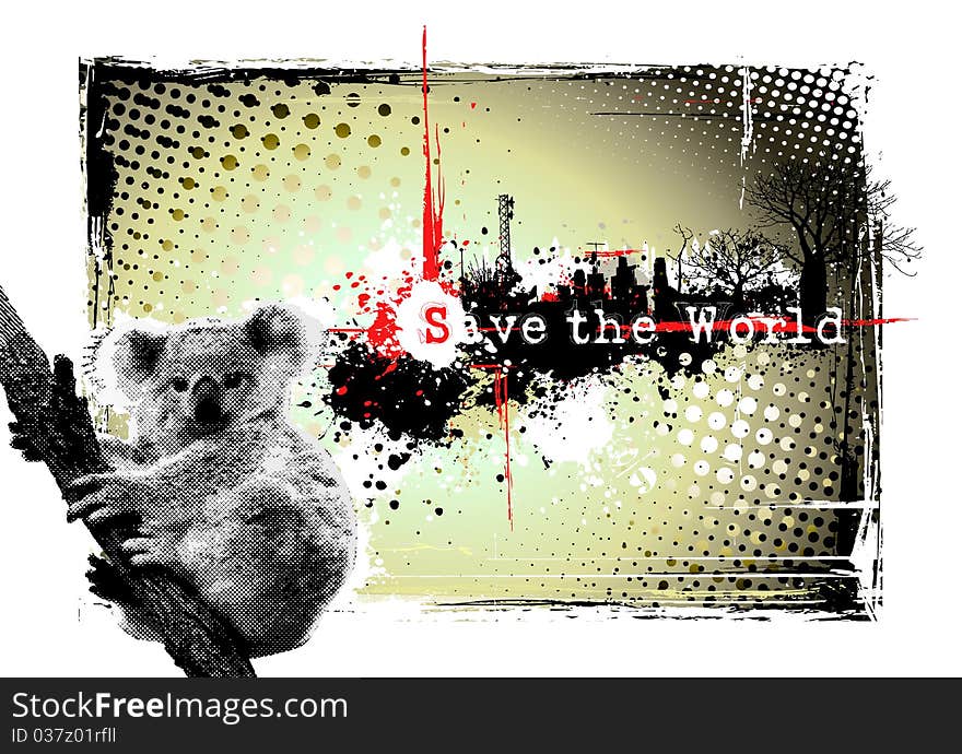 Illustration of the koala in the grungy background. Illustration of the koala in the grungy background