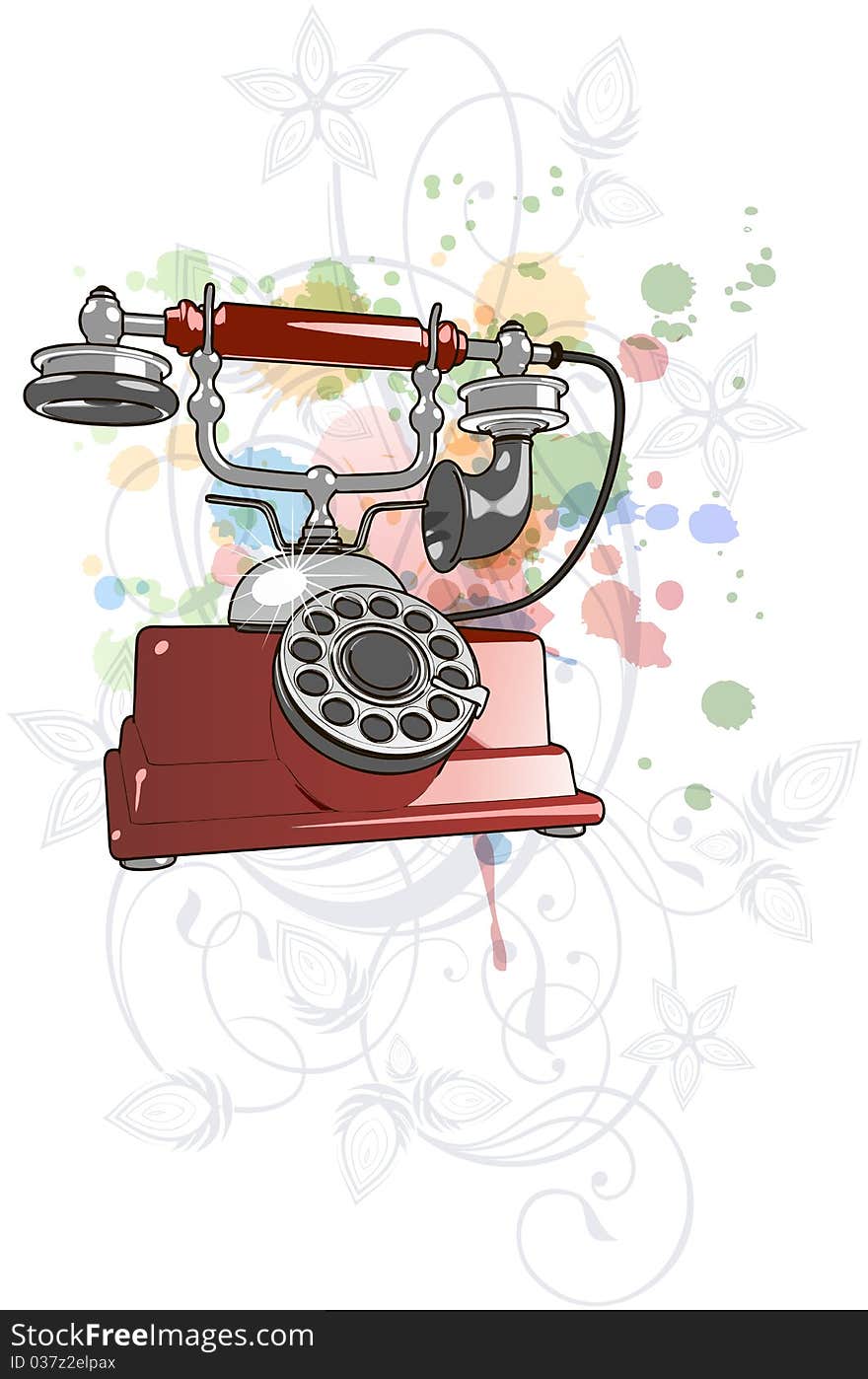 Vector red vintage telephone & floral ornament