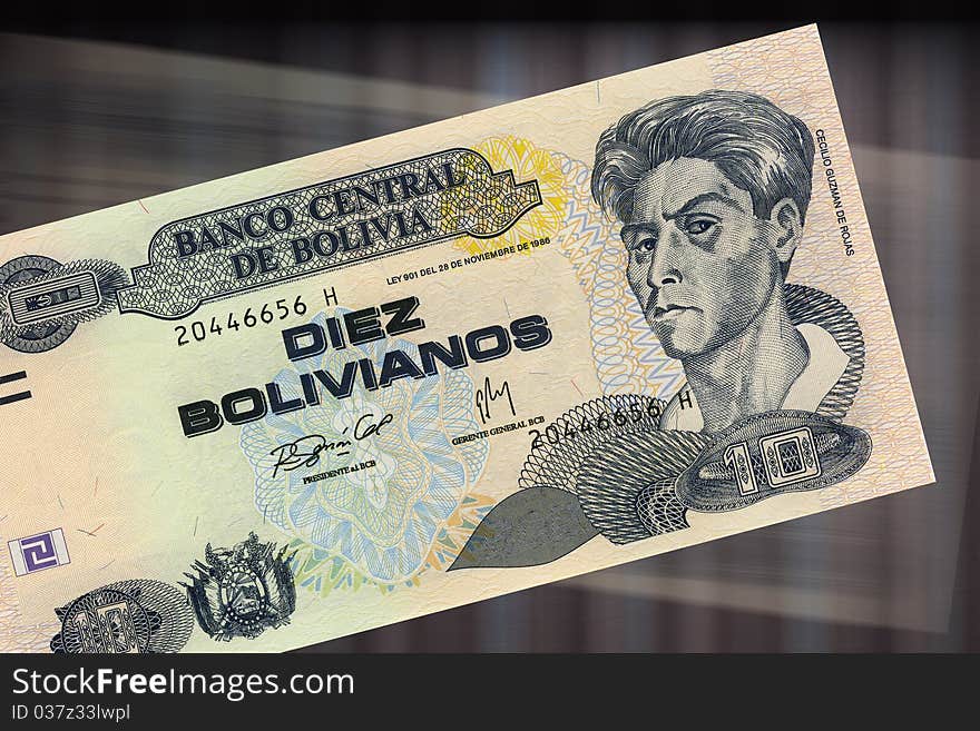 10 bolivian currency. 10 Bolivianos from the Central Bank of Bolivia with the figure of Cecilio Guzman de Rojas