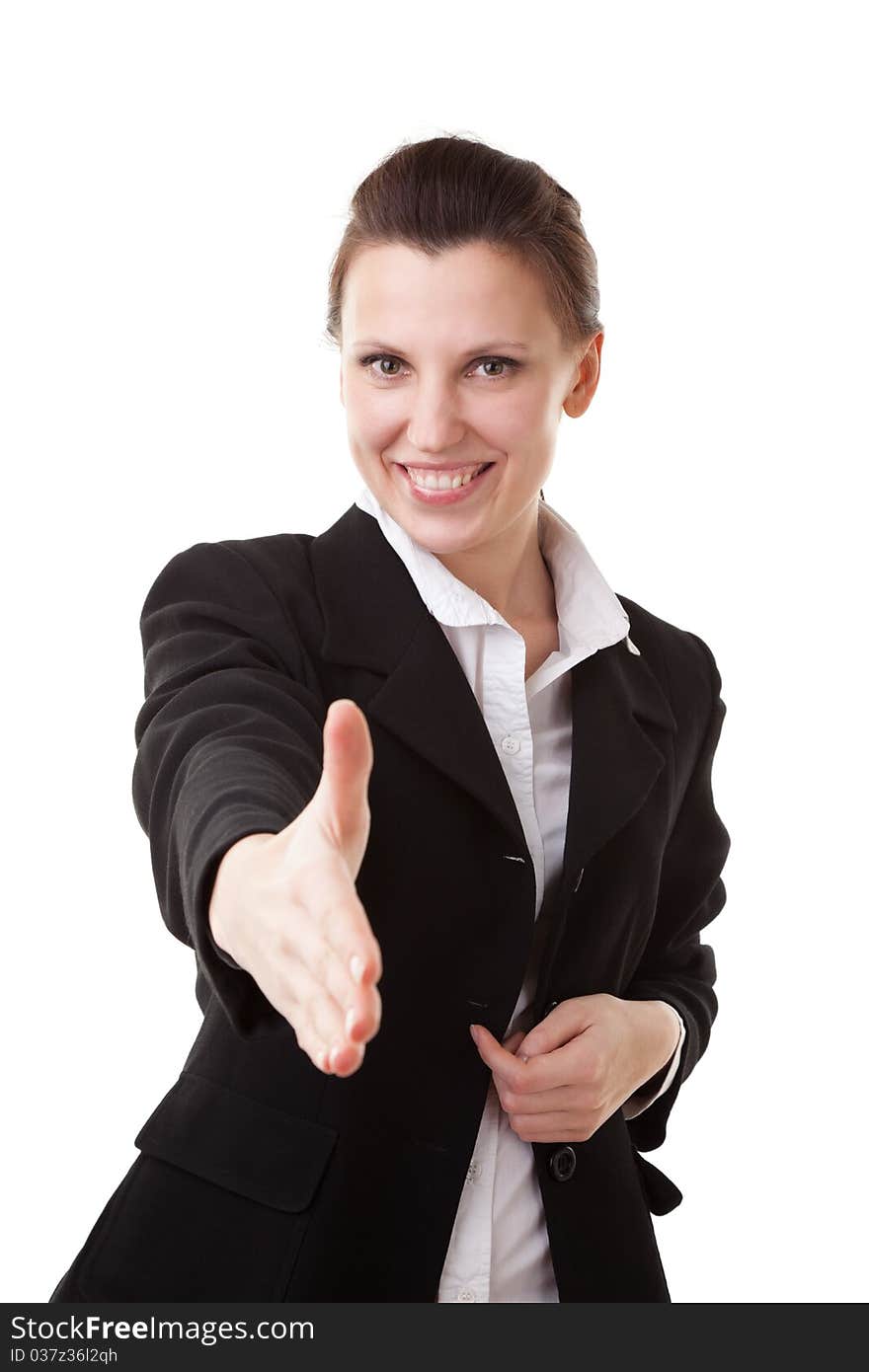 Beautiful European young businesswoman standing with hands folded. Beautiful European young businesswoman standing with hands folded