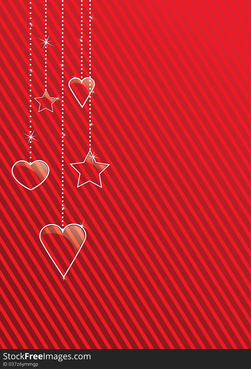 Vector invitation card with glossy heart shape on a red striped background