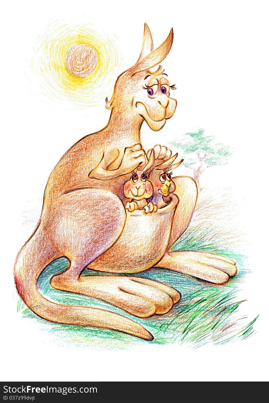 Illustration Of Mother Kangaroo With Kids