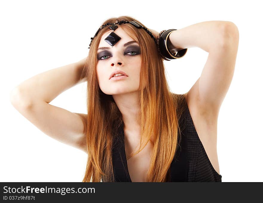 Fashion girl in a dark make-up in a jacket with bead on white background. Fashion girl in a dark make-up in a jacket with bead on white background