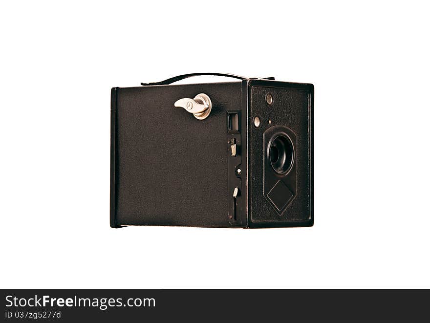 Vintage box camera on white isolated background.