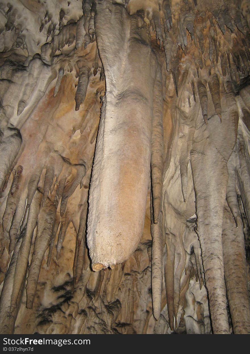 Stalactites. Big Azishsky-cave, located in Krasnodar territory.