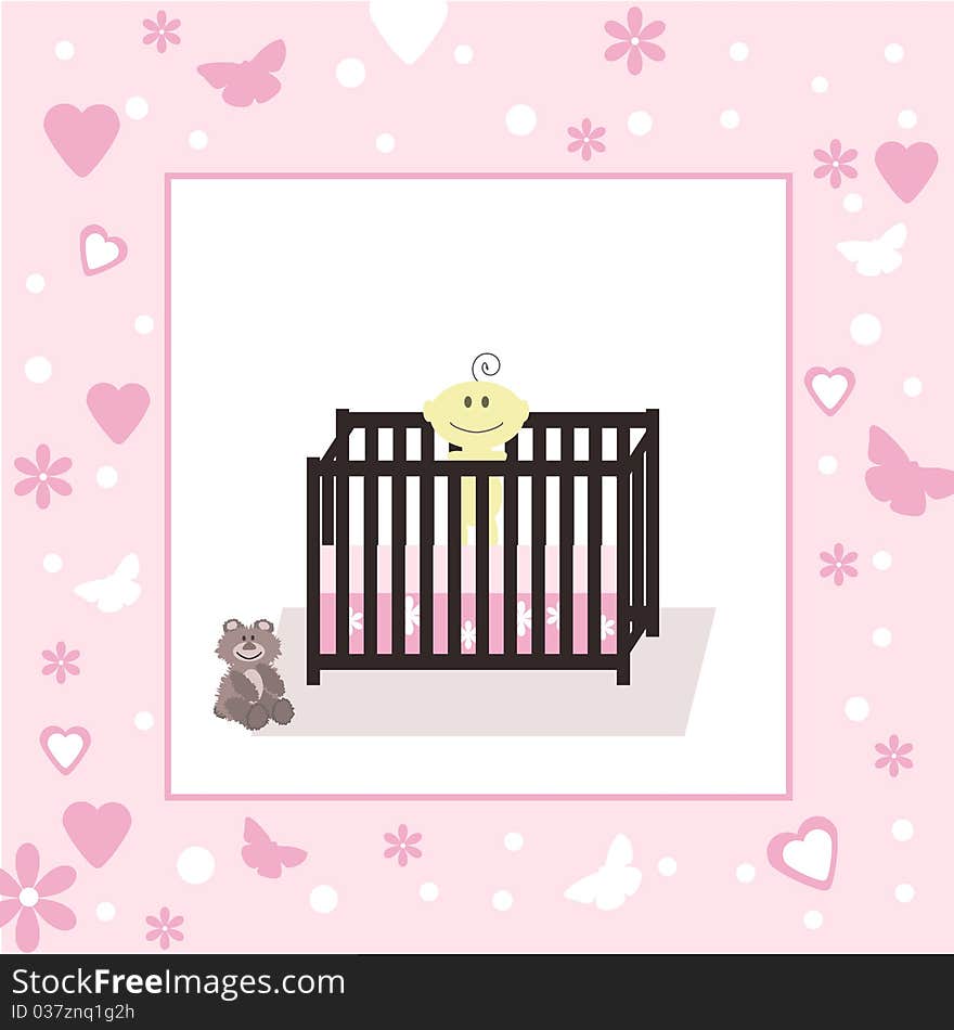 Baby Girl in Crib with Space for Your Text and Decorative Border Vector. Baby Girl in Crib with Space for Your Text and Decorative Border Vector