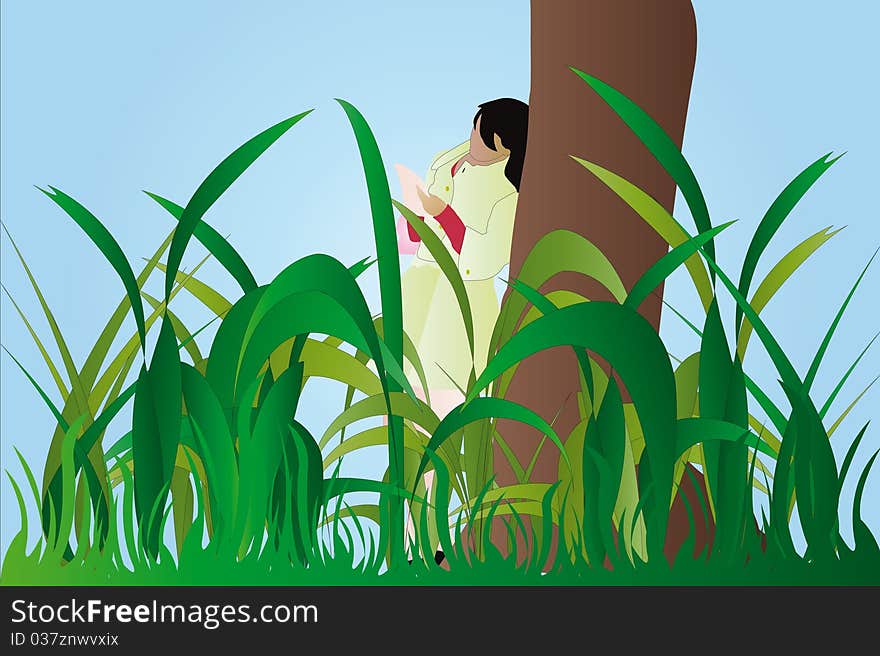 Vector illustration of reading girl student leans against the tree