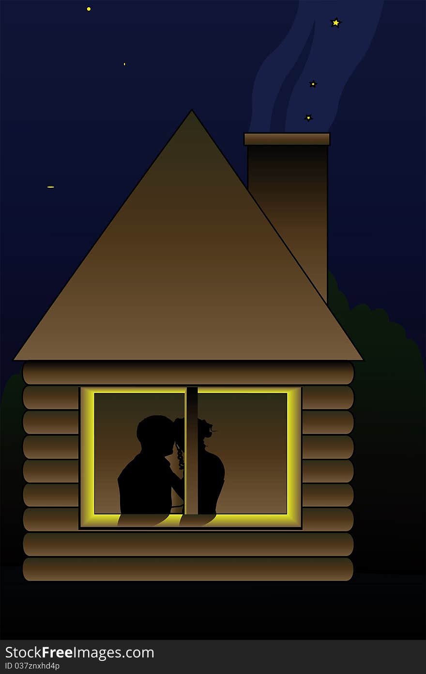 Vector illustration of kissing couple in the whindow of night hut