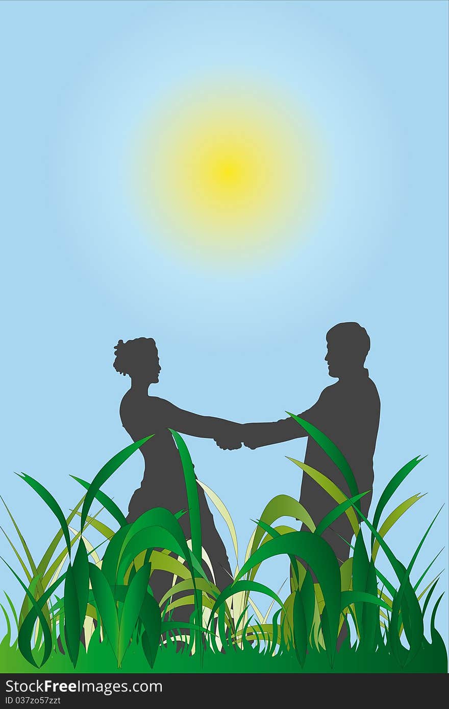 Vector illustration of couple against sky and grass