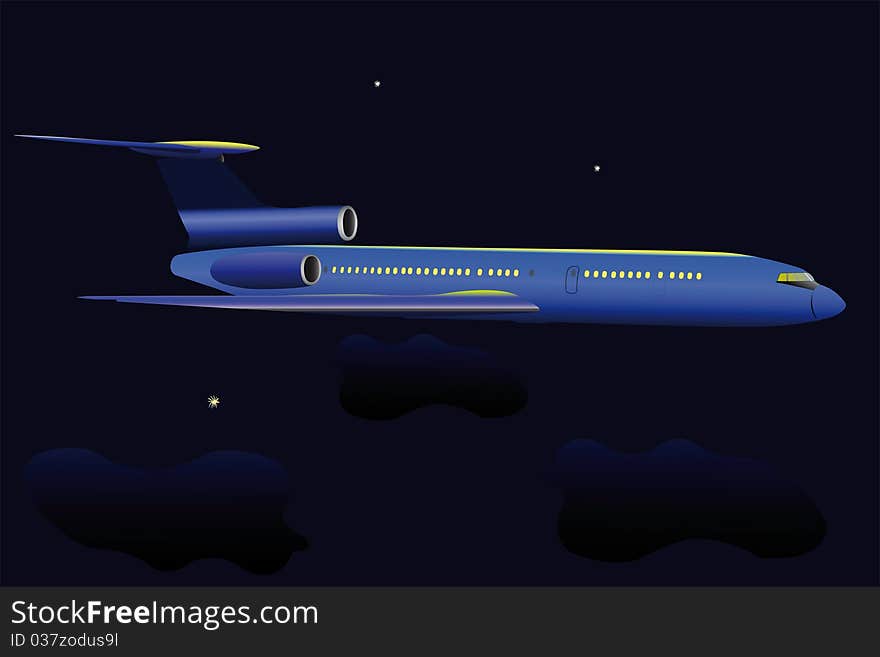 Vector illustration of airplane flies under the night sky. Vector illustration of airplane flies under the night sky