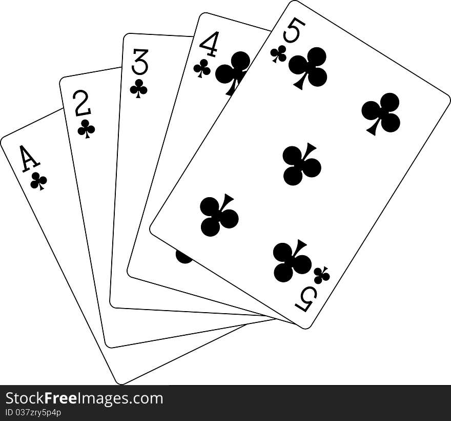 Illustration of flush playing cards from ace to five. Illustration of flush playing cards from ace to five