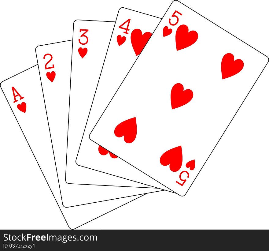 Illustration of flush playing cards from ace to five. Illustration of flush playing cards from ace to five