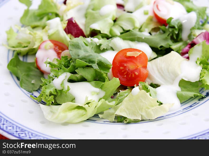 A fresh salad with tomatoes on a plate