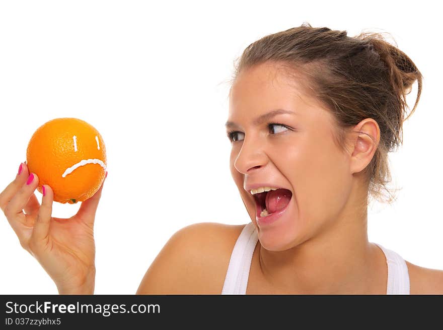 Woman Holds Orange With Insult