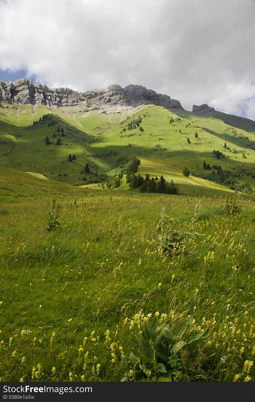 Shadows and sunlight on the meadows in the Alps