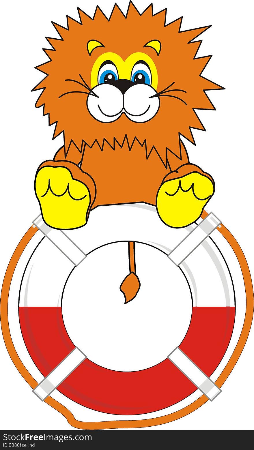 The small ridiculous kind young lion sits on life buoy and smiles - toy, cartoon, vector illustration, isolated. The small ridiculous kind young lion sits on life buoy and smiles - toy, cartoon, vector illustration, isolated