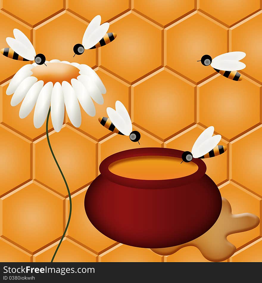 Jar with honey, flower camomile and bees on background of honeycomb. Jar with honey, flower camomile and bees on background of honeycomb