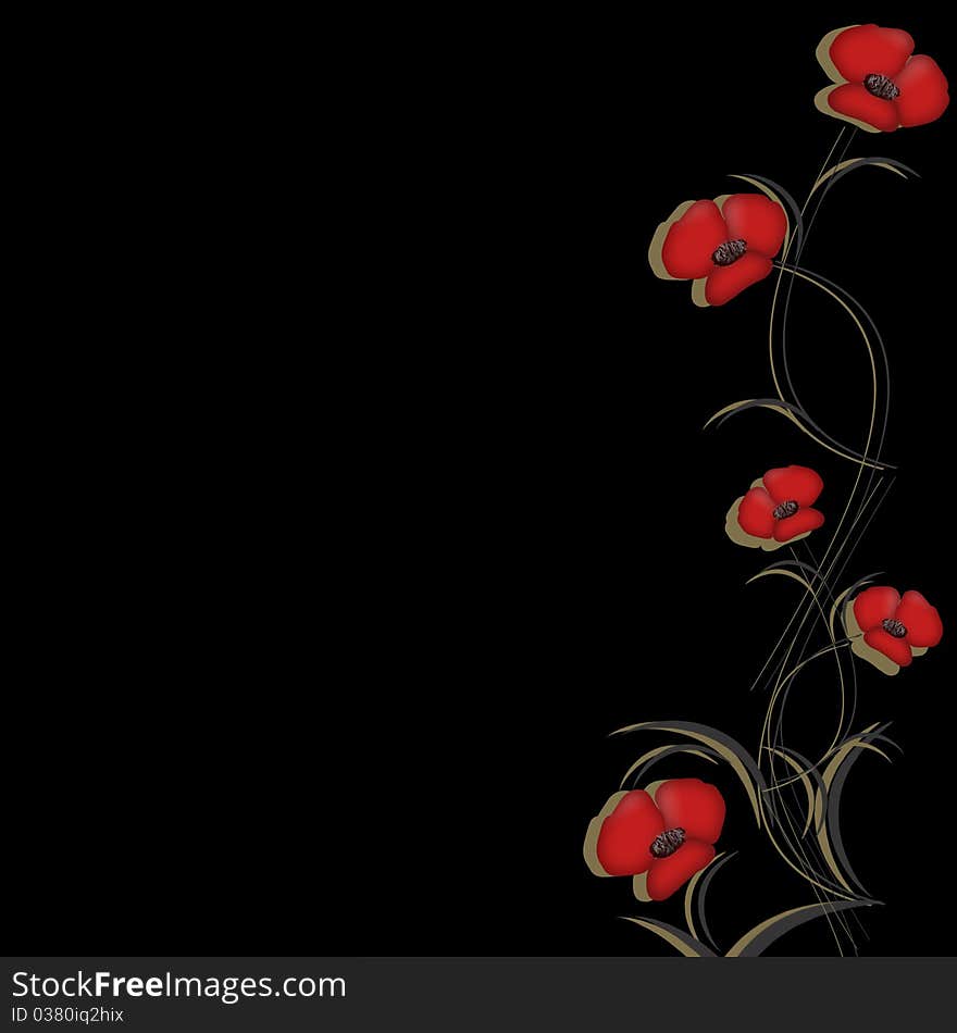 Floral ornamentwith red flowers on black background