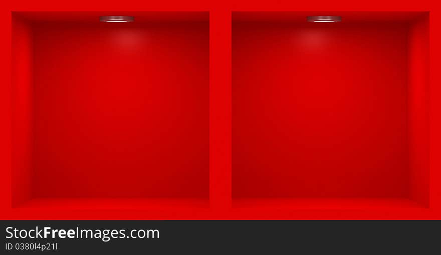 Empty red rack with illumination of shelves