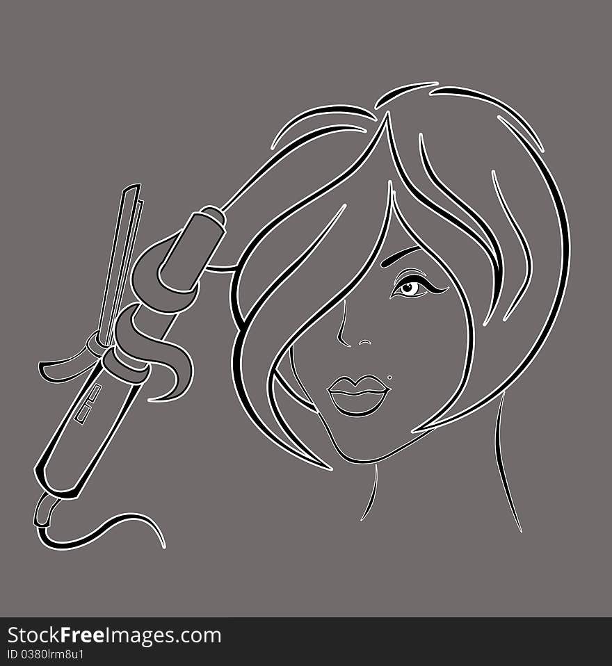 Illustration of girl with hairdressing accessories in her hair. Illustration of girl with hairdressing accessories in her hair