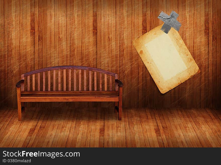 A creative wooden background, grunge stage with bench. A creative wooden background, grunge stage with bench