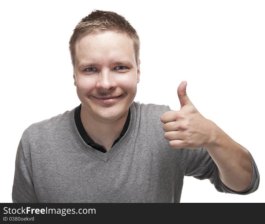 Smiling man with a funny mustache giving the Thumb Up sign. Smiling man with a funny mustache giving the Thumb Up sign.