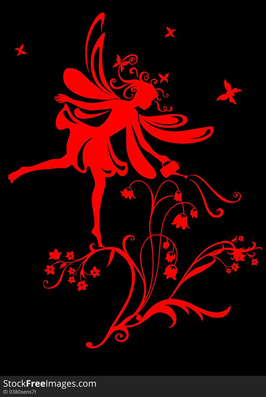 Vector Illustration Silhouette of funky fairy on flower pattern design. Vector Illustration Silhouette of funky fairy on flower pattern design