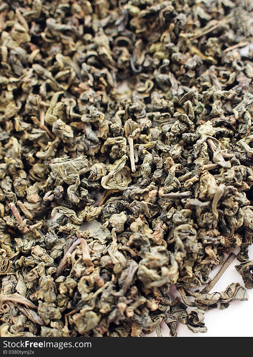 Closeup of Chinese style green tea leaves