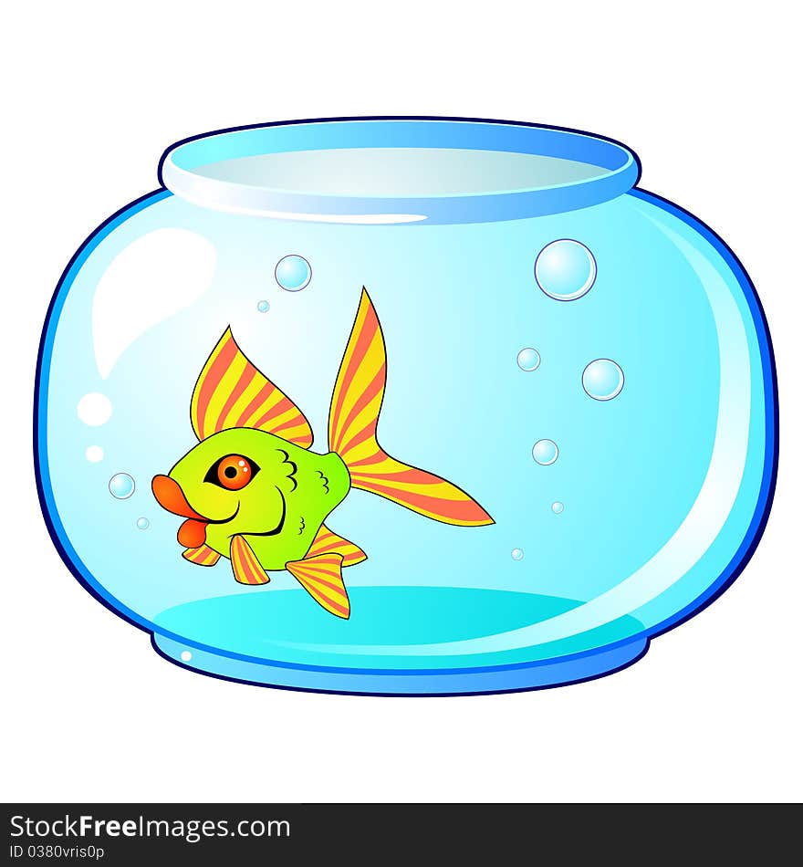 Lonely yellow-green fish swimming in round aquarium with air bubbles. Lonely yellow-green fish swimming in round aquarium with air bubbles