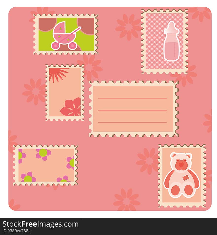 Greeting card with many stamps. Delicate color. Greeting card with many stamps. Delicate color