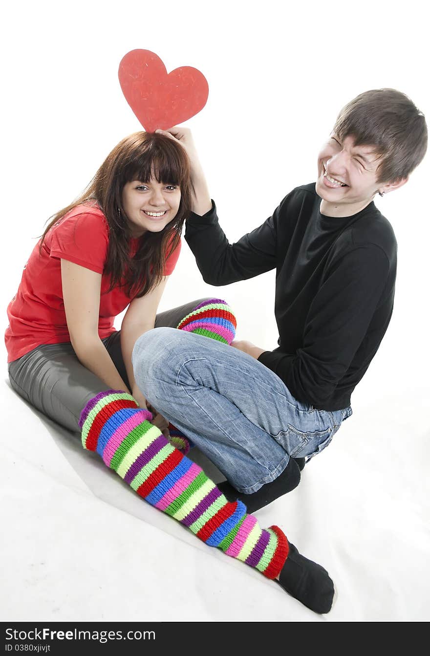 Cheerful Couple With Red Heart