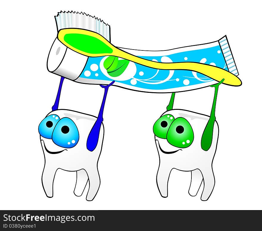 Two smiling teeth carrying in hands toothpaste and toothbrush. Two smiling teeth carrying in hands toothpaste and toothbrush