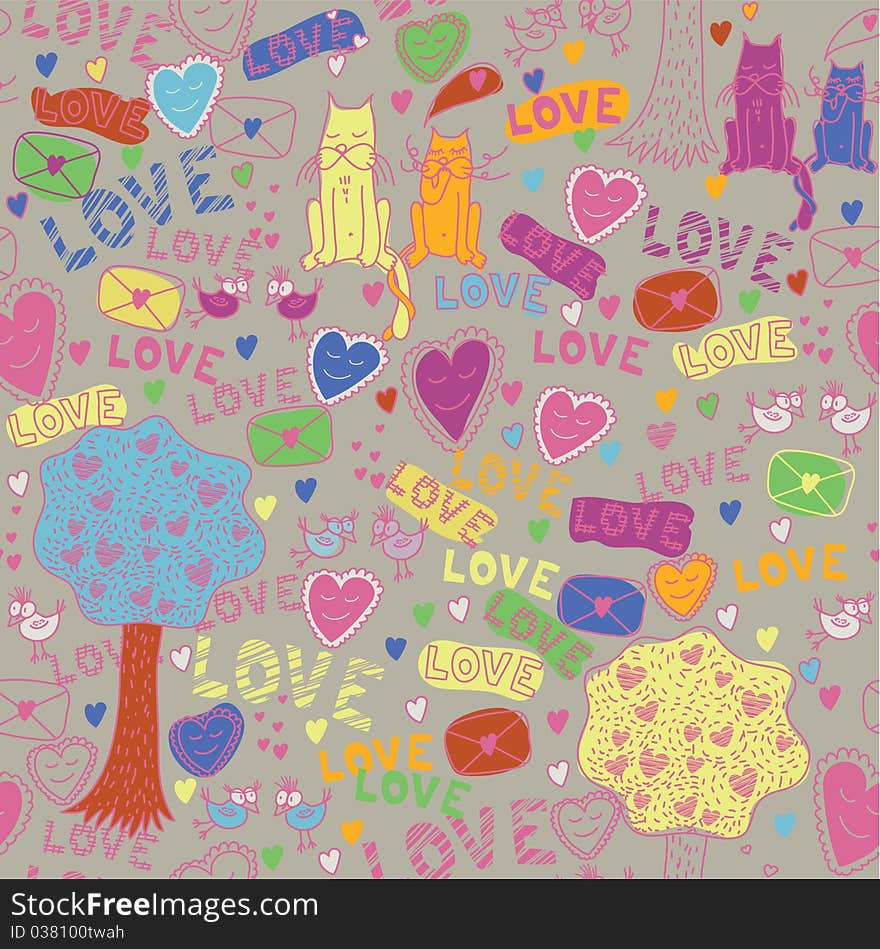 Seamless romantic pattern with cat, bird, envelope & tree