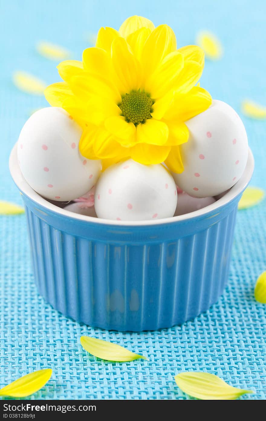 Easter eggs in a bowl with blossom. Easter eggs in a bowl with blossom