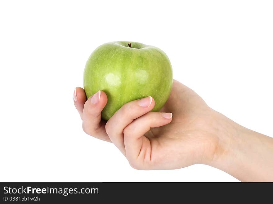 Green apple on hand isolated on white background