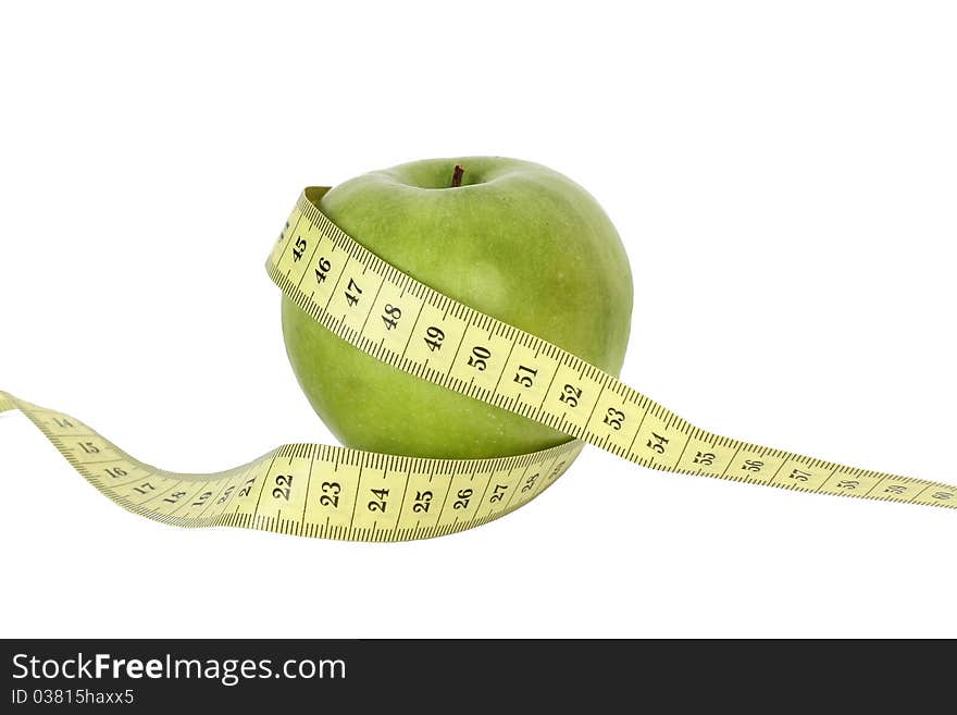 Green apple with tape isolated on white background