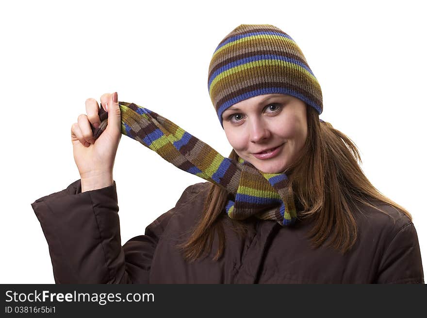 Young woman in winter clothes isolated over white background. Young woman in winter clothes isolated over white background