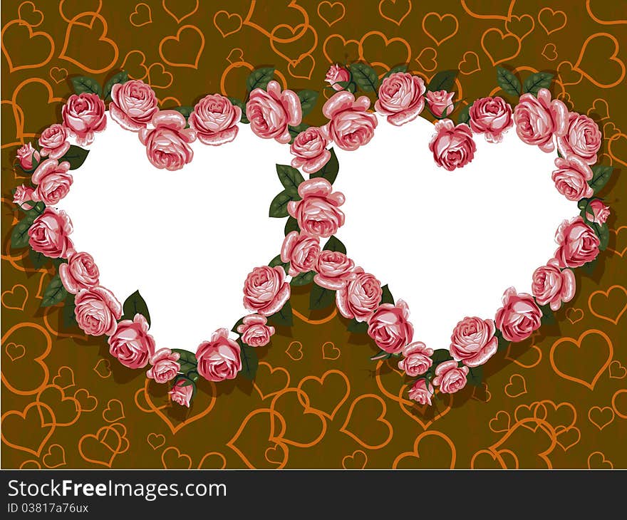 Rose flowers two hearts frame pattern. Rose flowers two hearts frame pattern