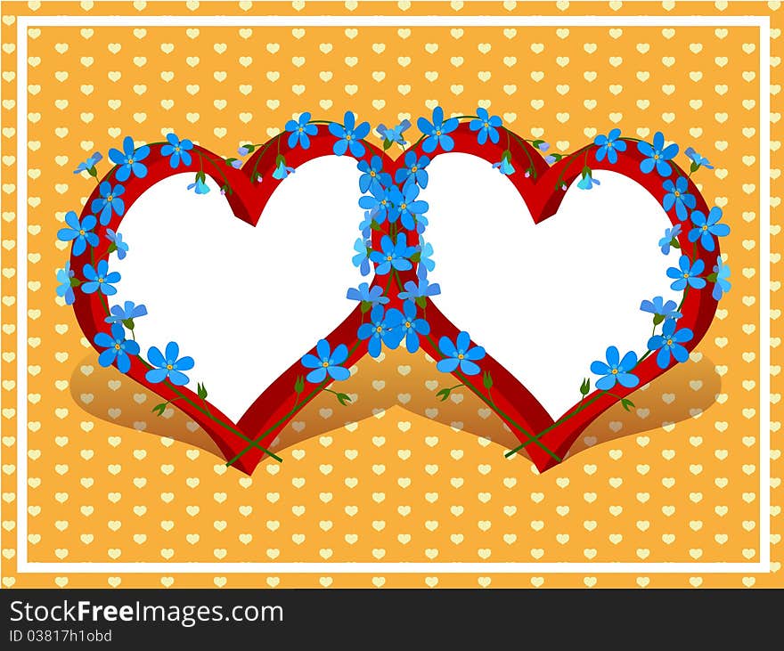 Two hearts frame with forget me not flowers pattern