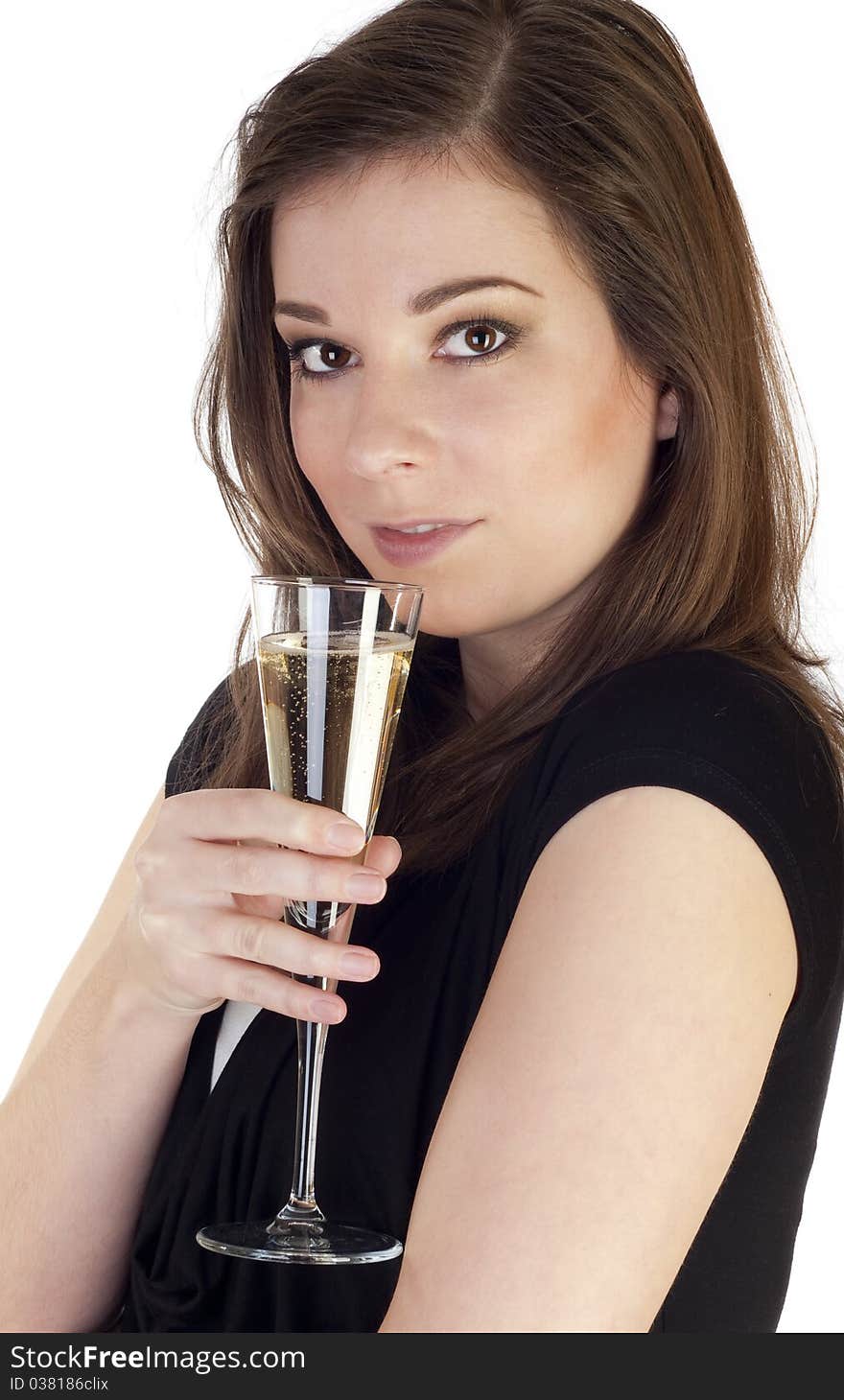 Woman toast with champagne isolated on white. Woman toast with champagne isolated on white