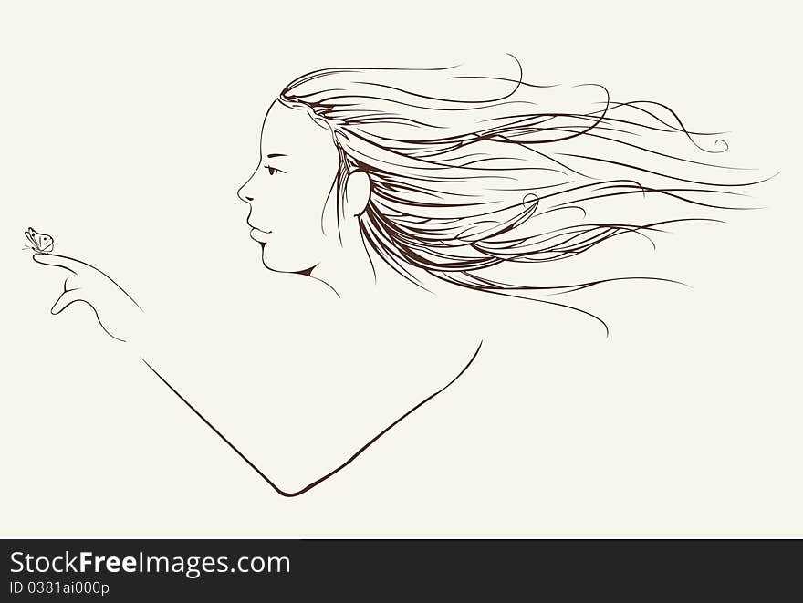 Young girl with long hair carrying butterfly on her finger, vector. Young girl with long hair carrying butterfly on her finger, vector