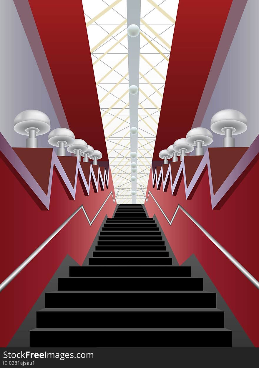 Red interior corridor with black stairs and lamps, vector. Red interior corridor with black stairs and lamps, vector