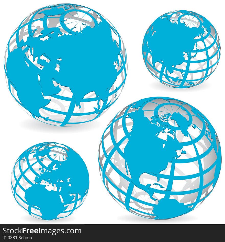 Illustration, four abstract blue globes on white background