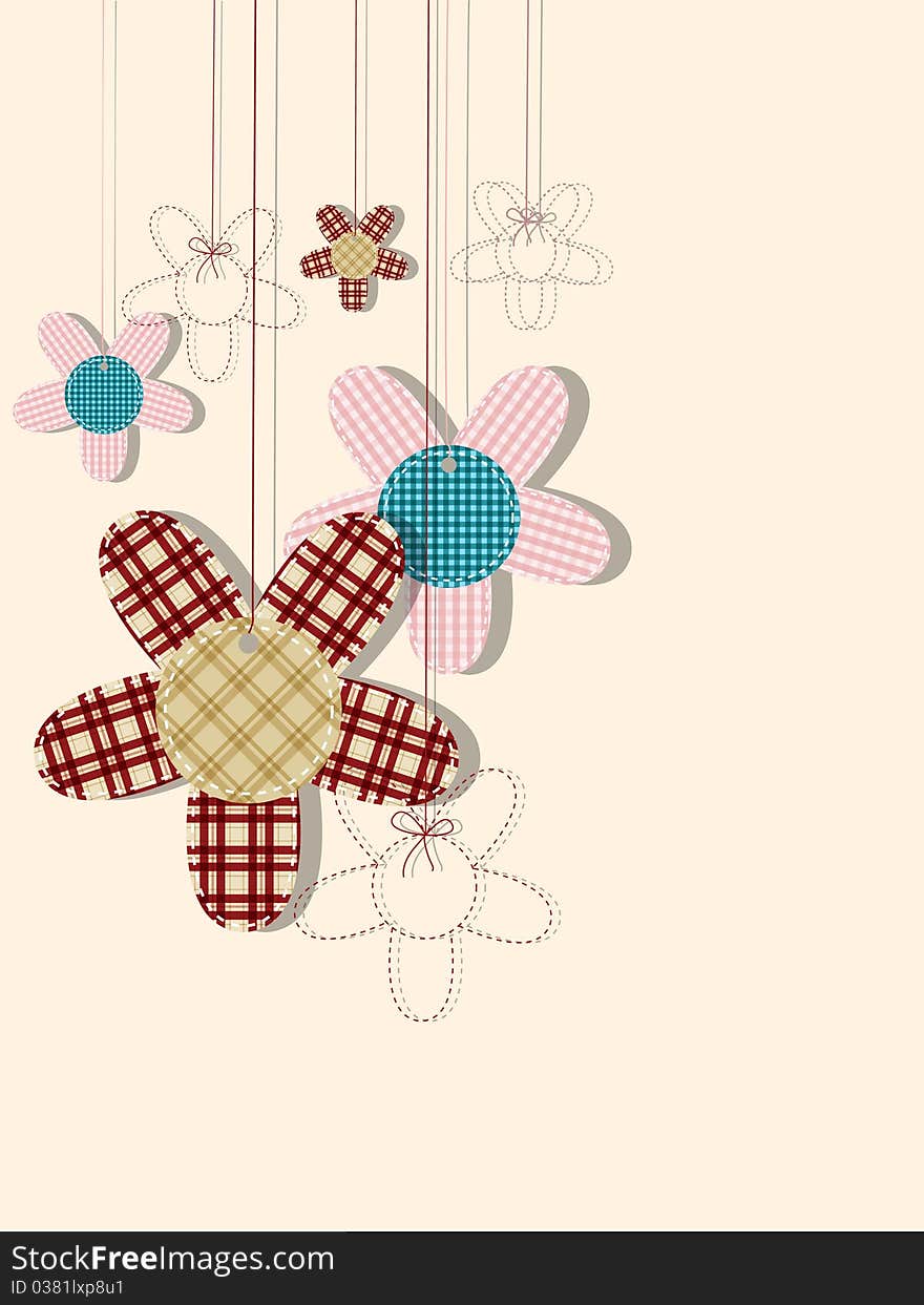 Vector greeting card with textile flowers