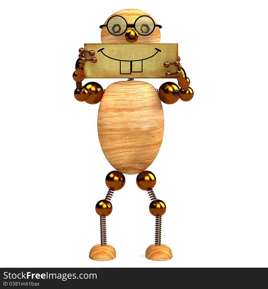 3d wood man smile holding blank board