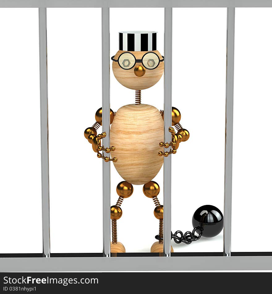 3d wood man as a prisoner isolated on white