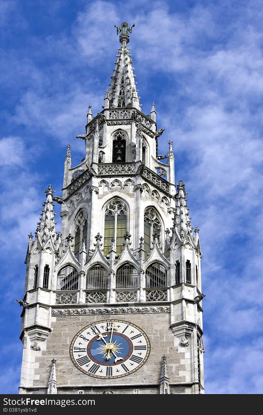 The clock of the city hall at Marienplatz in Munich, Germany. The clock of the city hall at Marienplatz in Munich, Germany